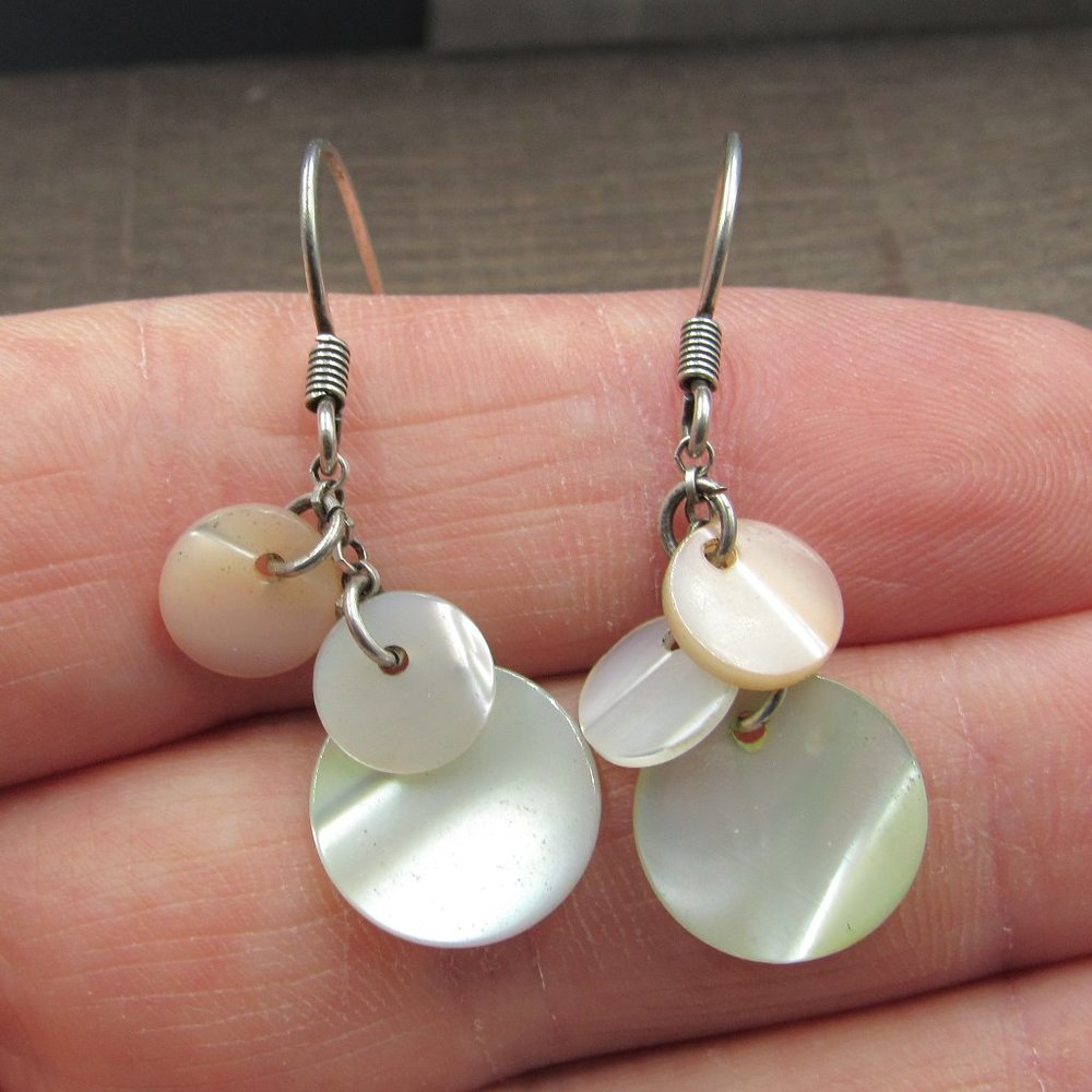 Sterling Silver Three Circle Shell Dangle Earrings - image 1